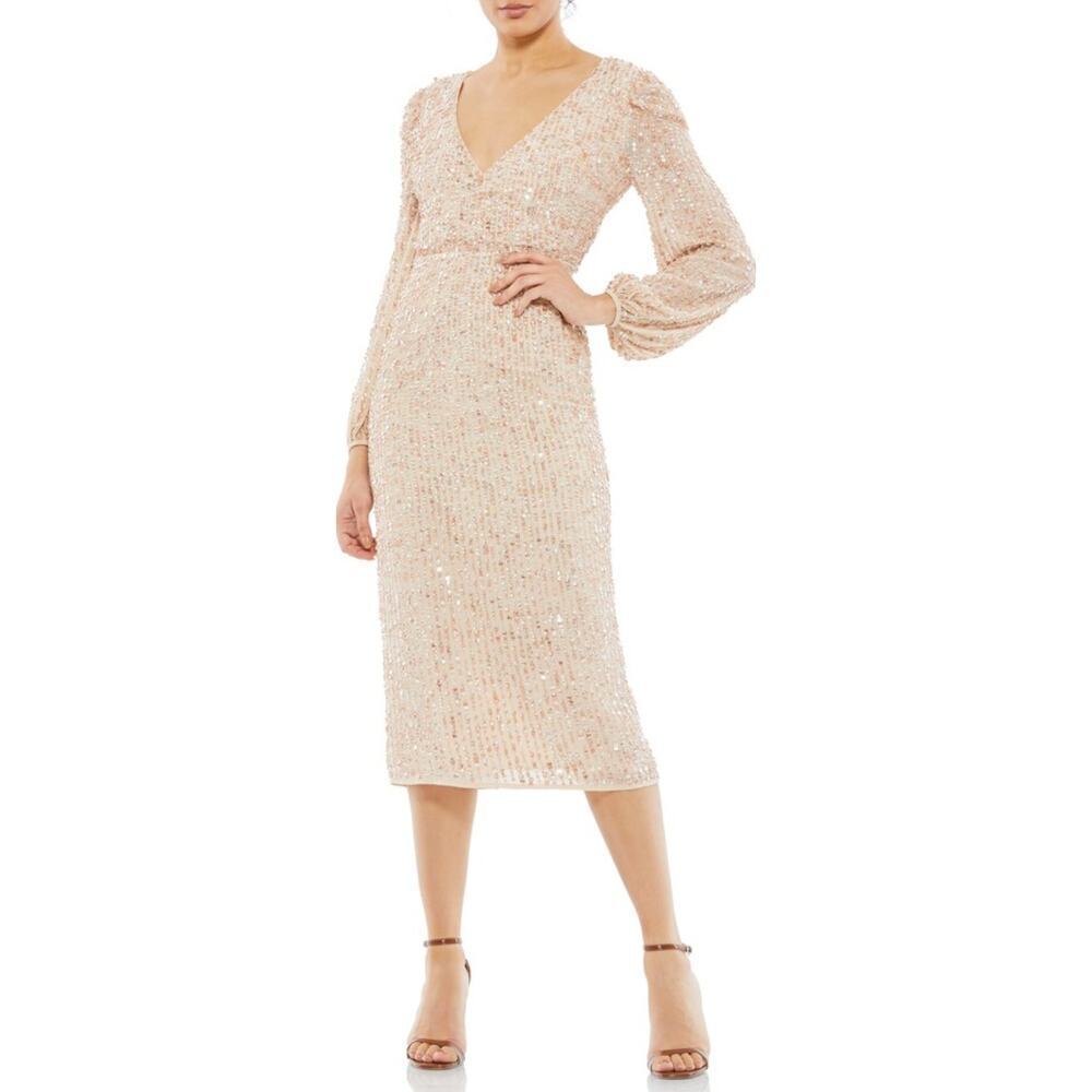 Mac Duggal Nude Sequin Long Sleeve Cocktail Midi Dress 6